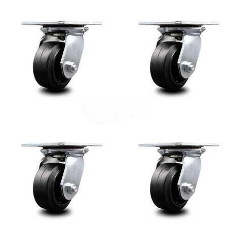Service Caster 4 Inch Heavy Duty Rubber on Steel Caster Set with Roller Bearings SCC, 4PK SCC-35S420-RSR-4